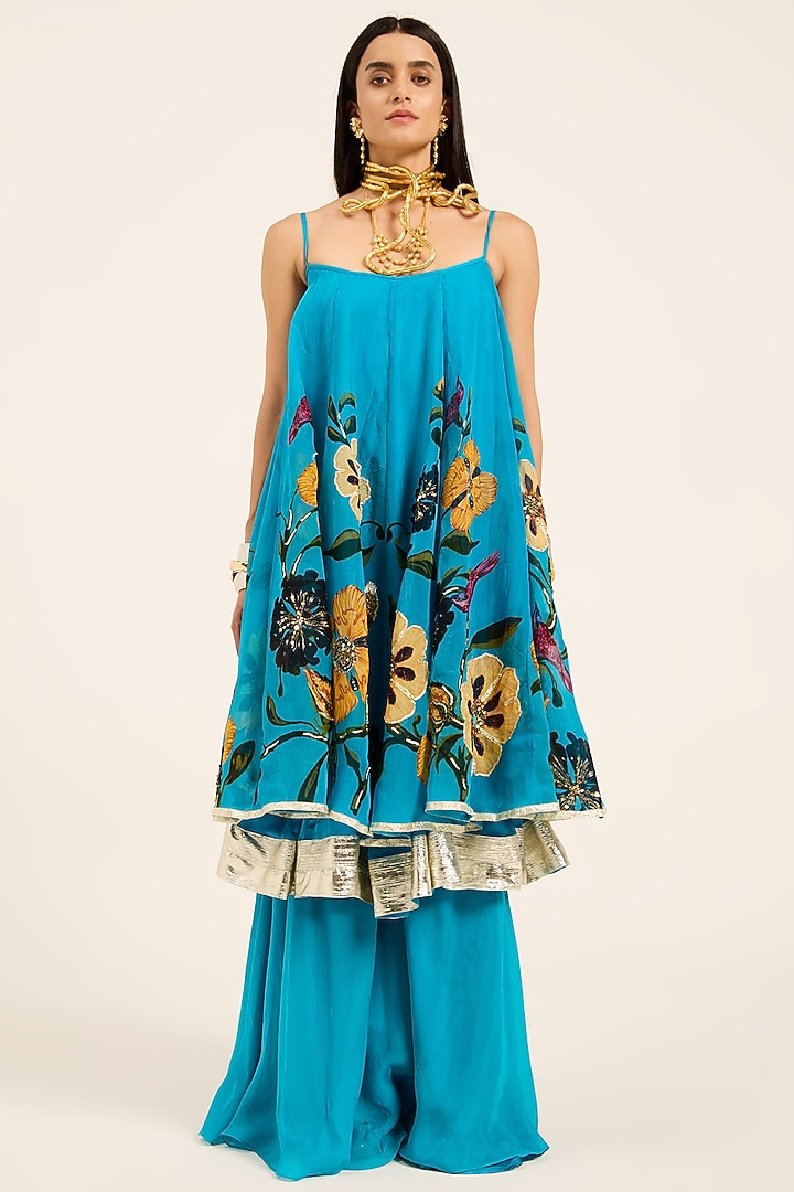 Firozi Blue Organza Hand Embroidered & Digital Printed Kurta Set by RUHR INDIA at Pernia's Pop Up Shop