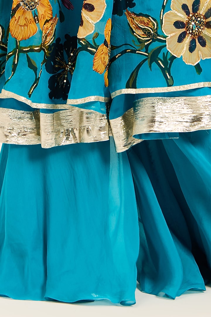 Firozi Blue Organza Hand Embroidered & Digital Printed Kurta Set by RUHR INDIA at Pernia's Pop Up Shop