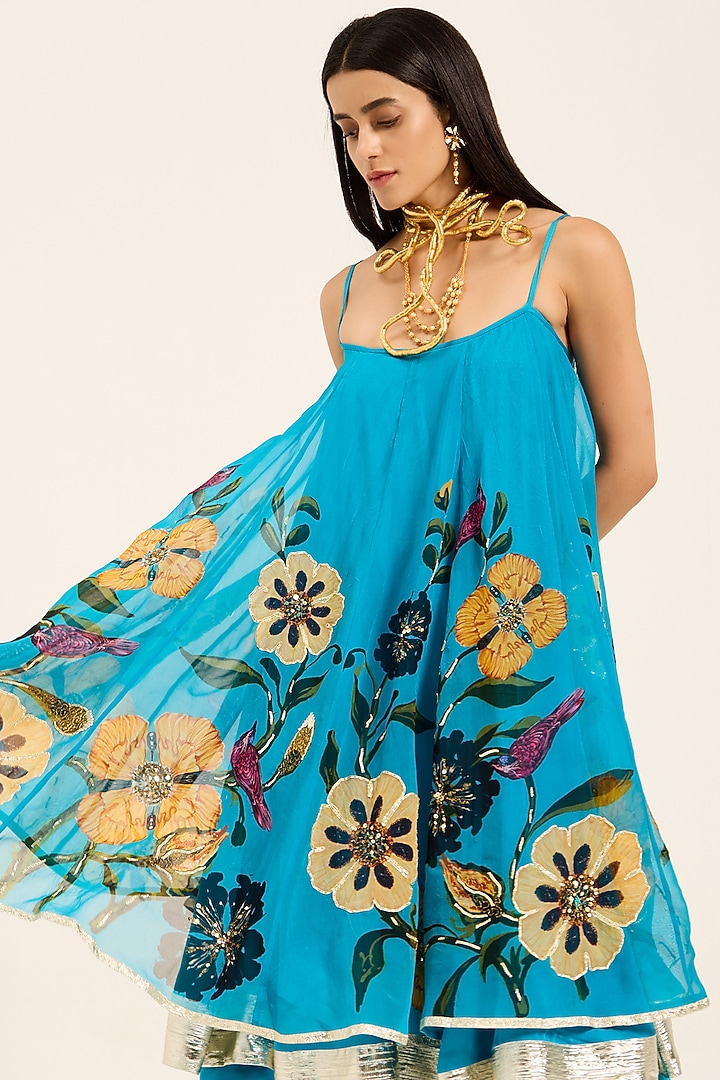 Firozi Blue Organza Hand Embroidered & Digital Printed Kurta Set by RUHR INDIA at Pernia's Pop Up Shop