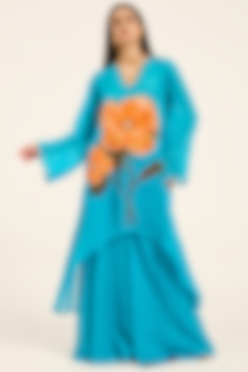 Firozi Blue Organza Hand Embroidered & Digital Printed Kurta Set by RUHR INDIA at Pernia's Pop Up Shop