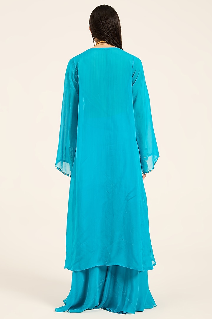 Firozi Blue Organza Hand Embroidered & Digital Printed Kurta Set by RUHR INDIA at Pernia's Pop Up Shop