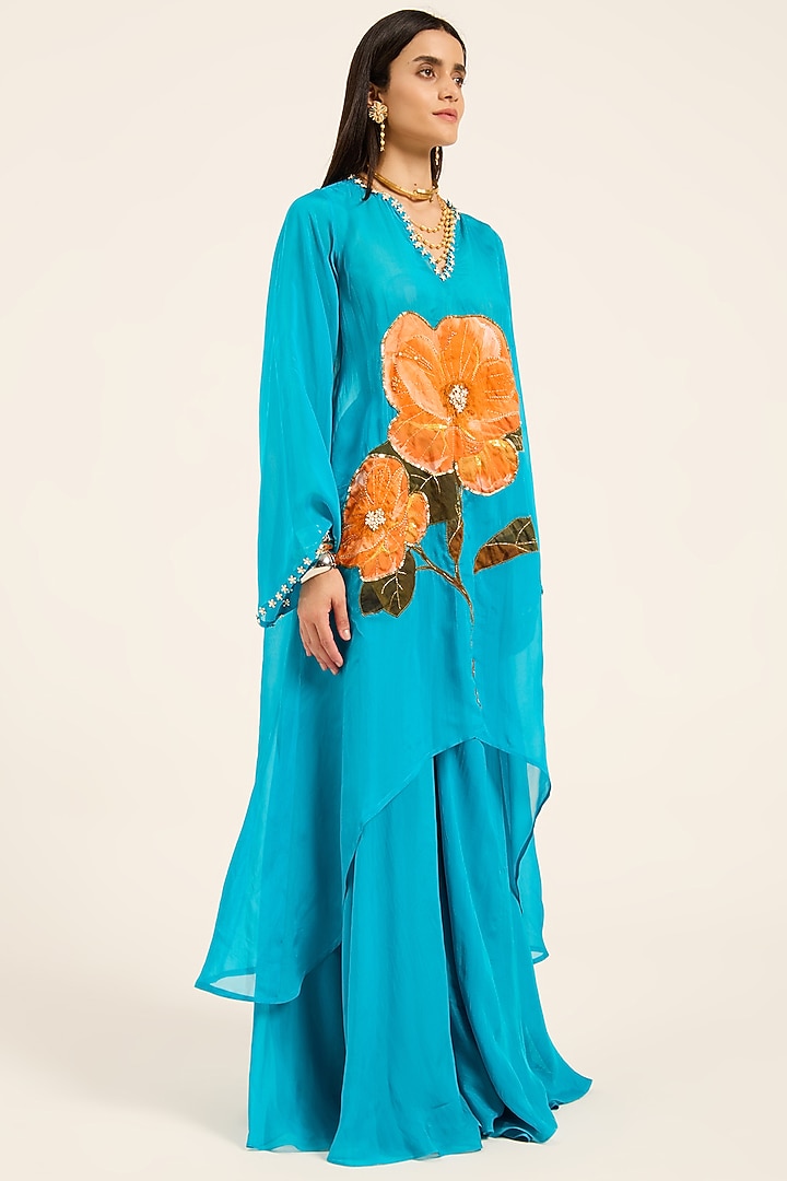 Firozi Blue Organza Hand Embroidered & Digital Printed Kurta Set by RUHR INDIA at Pernia's Pop Up Shop