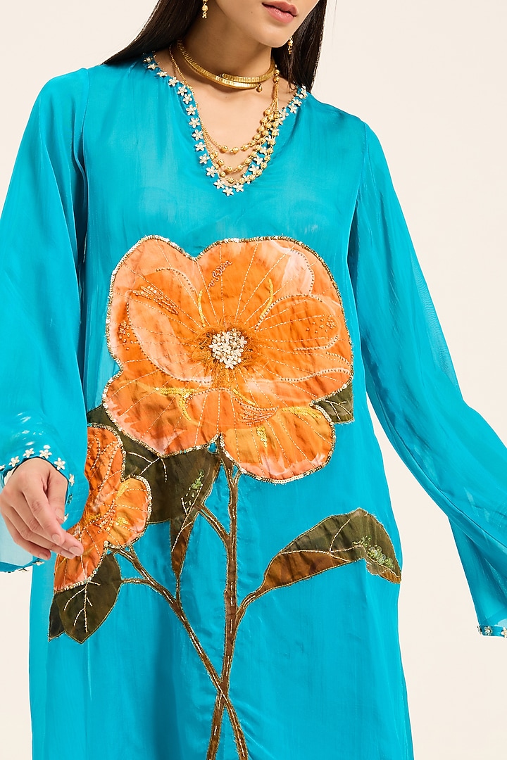 Firozi Blue Organza Hand Embroidered & Digital Printed Kurta Set by RUHR INDIA at Pernia's Pop Up Shop