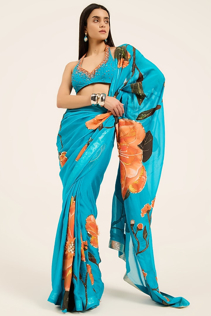 Firozi Blue Organza Digital Printed & Hand Embroidered Wedding Saree Set by RUHR INDIA at Pernia's Pop Up Shop