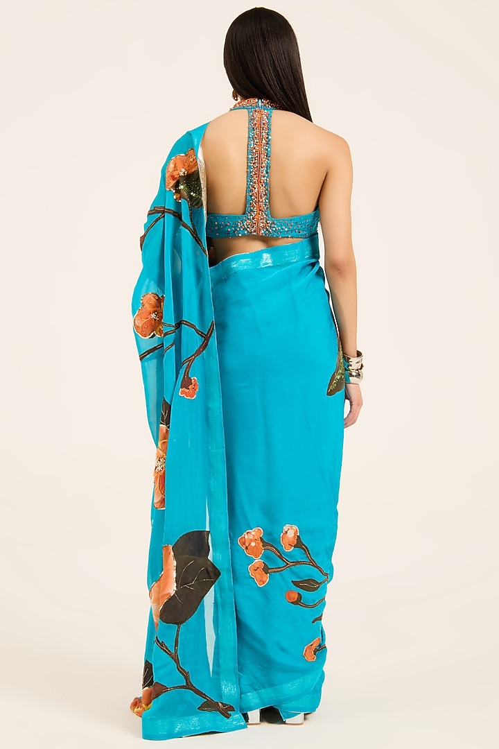 Firozi Blue Organza Digital Printed & Hand Embroidered Wedding Saree Set by RUHR INDIA at Pernia's Pop Up Shop