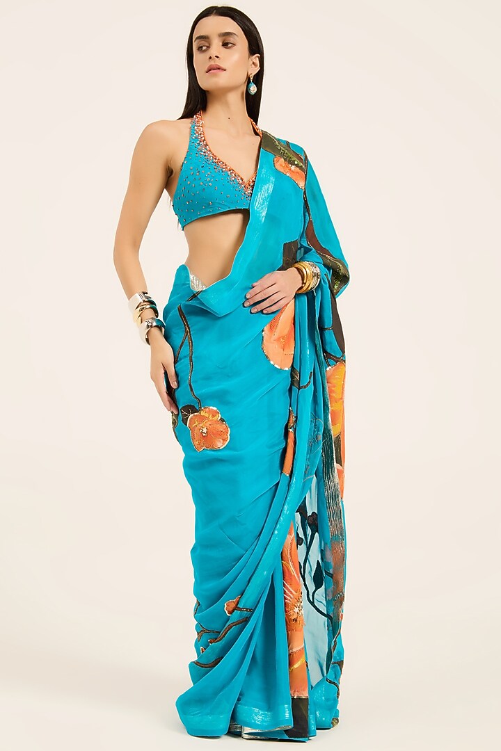Firozi Blue Organza Digital Printed & Hand Embroidered Wedding Saree Set by RUHR INDIA at Pernia's Pop Up Shop