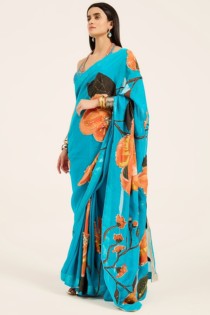Firozi Blue Organza Digital Printed & Hand Embroidered Wedding Saree Set by RUHR INDIA at Pernia's Pop Up Shop