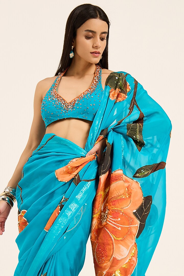 Firozi Blue Organza Digital Printed & Hand Embroidered Wedding Saree Set by RUHR INDIA at Pernia's Pop Up Shop