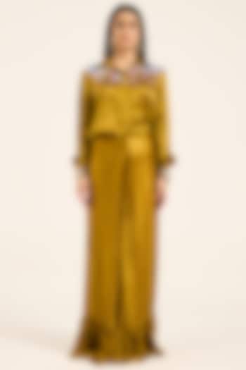 Ochre Yellow Satin Chiffon Hand Embroidered Draped Skirt Set by RUHR INDIA at Pernia's Pop Up Shop