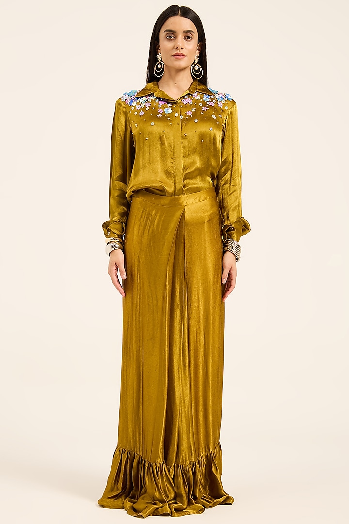 Ochre Yellow Satin Chiffon Hand Embroidered Draped Skirt Set by RUHR INDIA at Pernia's Pop Up Shop