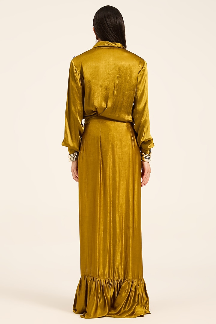 Ochre Yellow Satin Chiffon Hand Embroidered Draped Skirt Set by RUHR INDIA at Pernia's Pop Up Shop