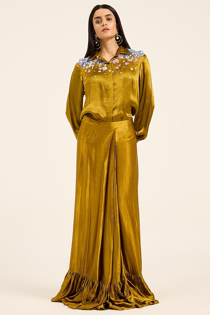Ochre Yellow Satin Chiffon Hand Embroidered Draped Skirt Set by RUHR INDIA at Pernia's Pop Up Shop