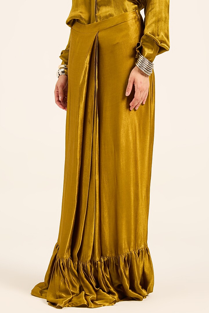 Ochre Yellow Satin Chiffon Hand Embroidered Draped Skirt Set by RUHR INDIA at Pernia's Pop Up Shop