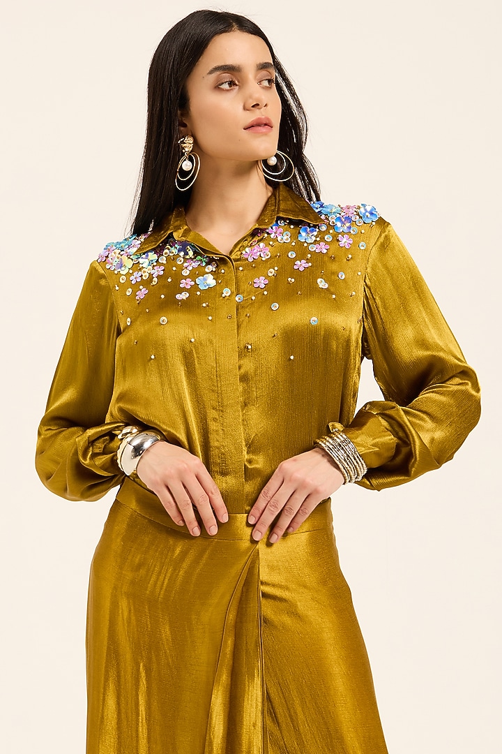 Ochre Yellow Satin Chiffon Hand Embroidered Draped Skirt Set by RUHR INDIA at Pernia's Pop Up Shop