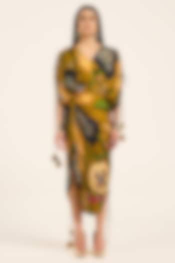 Ochre Yellow Satin Chiffon Digital Printed Draped Skirt Set by RUHR INDIA at Pernia's Pop Up Shop