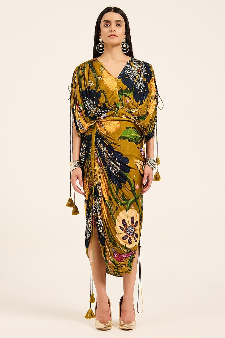 Ochre Yellow Satin Chiffon Digital Printed Draped Skirt Set by RUHR INDIA at Pernia's Pop Up Shop