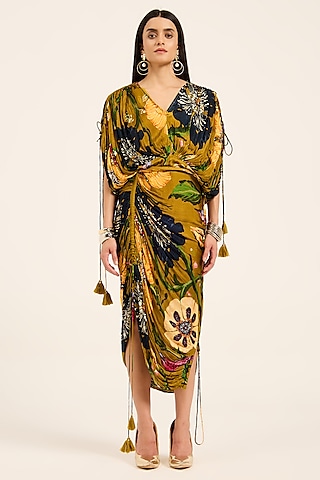 Ochre Yellow Satin Chiffon Digital Printed Draped Skirt Set by RUHR INDIA