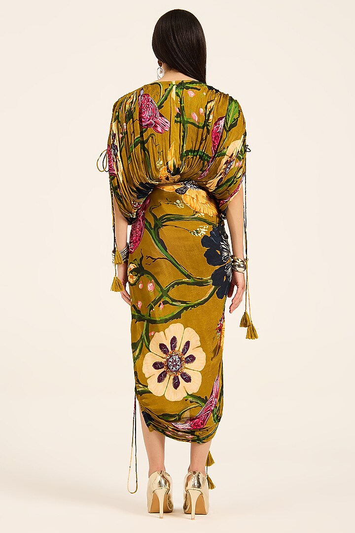 Ochre Yellow Satin Chiffon Digital Printed Draped Skirt Set by RUHR INDIA at Pernia's Pop Up Shop