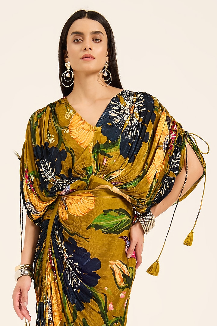 Ochre Yellow Satin Chiffon Digital Printed Draped Skirt Set by RUHR INDIA at Pernia's Pop Up Shop