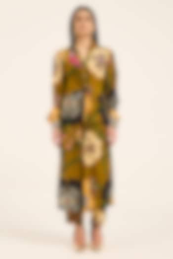 Ochre Yellow Crepe Digital Printed Front-Twisted Kurta Set by RUHR INDIA at Pernia's Pop Up Shop