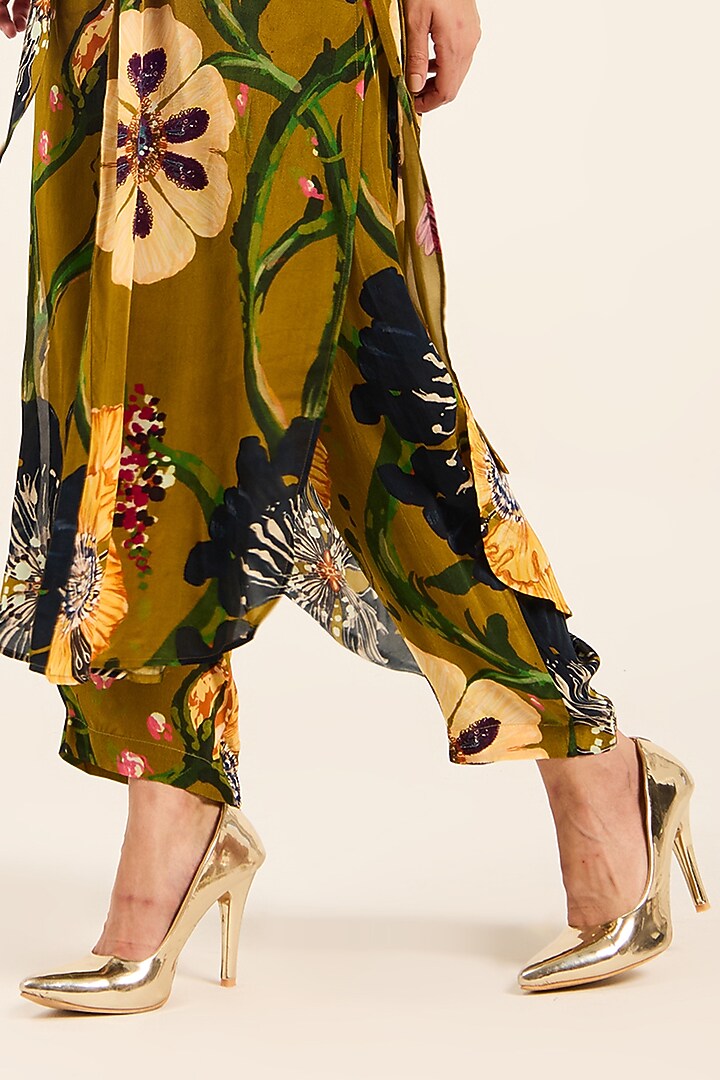 Ochre Yellow Crepe Digital Printed Front-Twisted Kurta Set by RUHR INDIA at Pernia's Pop Up Shop