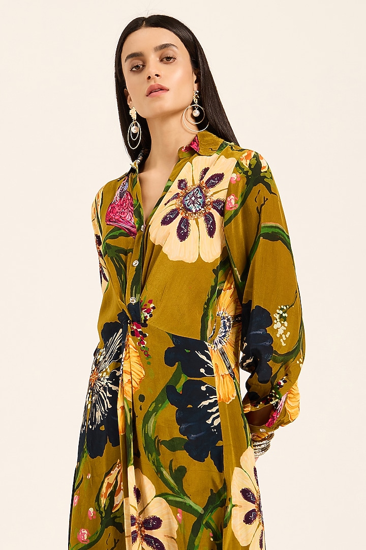Ochre Yellow Crepe Digital Printed Front-Twisted Kurta Set by RUHR INDIA at Pernia's Pop Up Shop