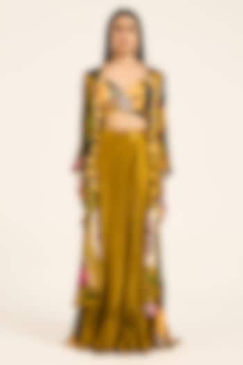 Ochre Yellow Satin Chiffon Digital Printed Cape Set by RUHR INDIA at Pernia's Pop Up Shop