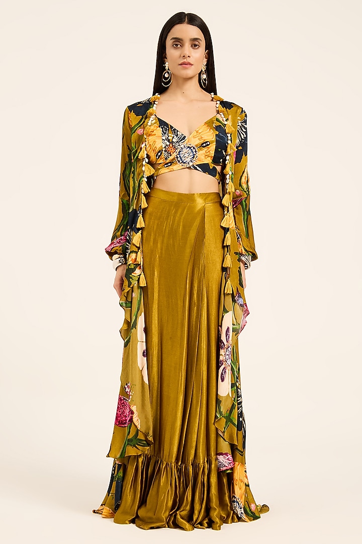 Ochre Yellow Satin Chiffon Digital Printed Cape Set by RUHR INDIA at Pernia's Pop Up Shop