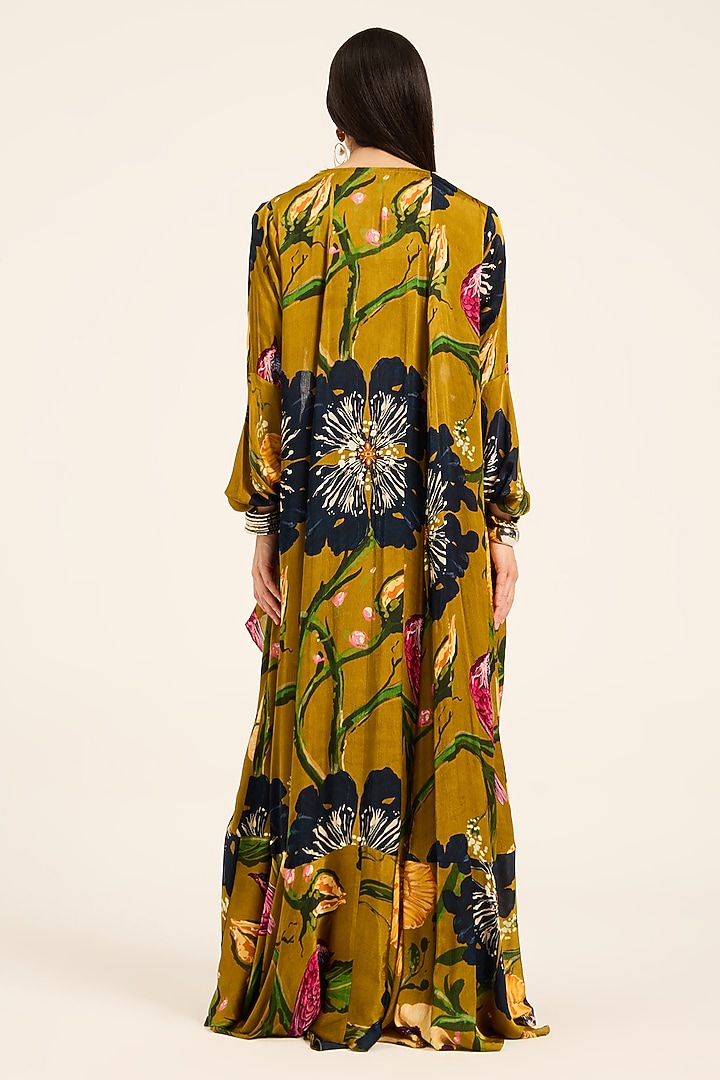 Ochre Yellow Satin Chiffon Digital Printed Cape Set by RUHR INDIA at Pernia's Pop Up Shop