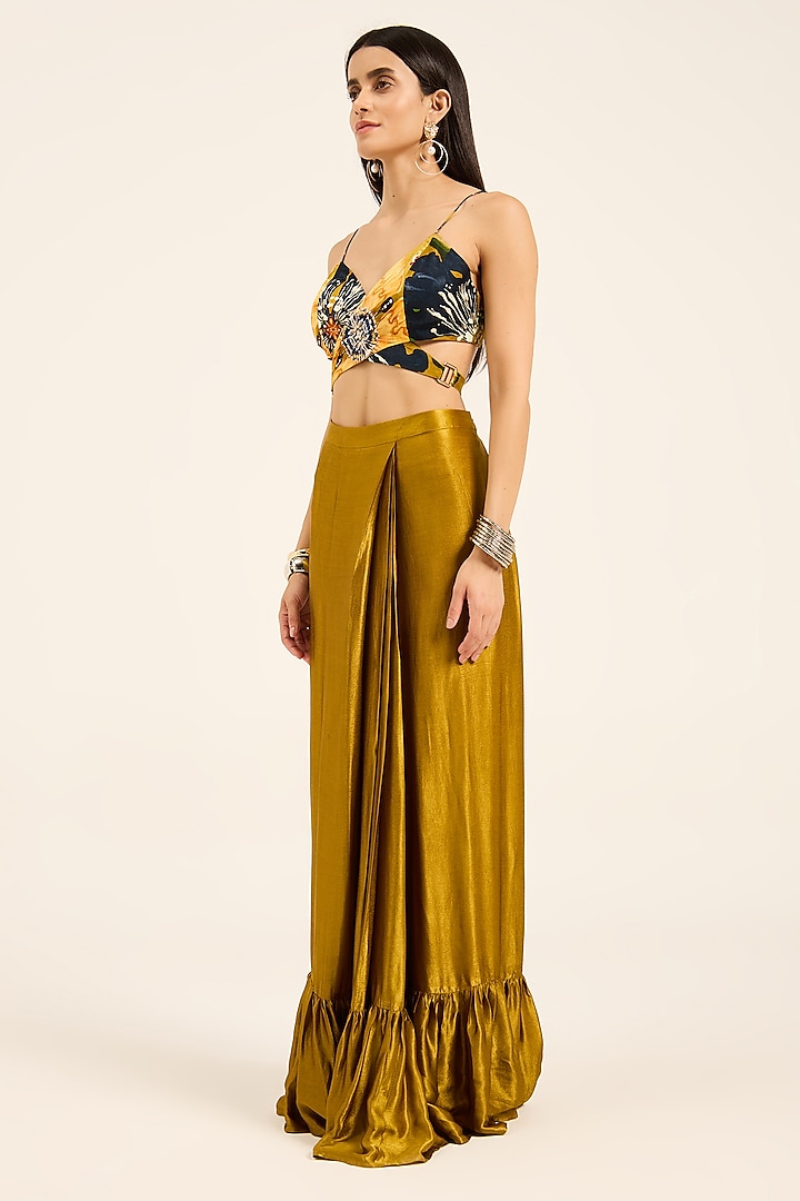 Ochre Yellow Satin Chiffon Digital Printed Cape Set by RUHR INDIA at Pernia's Pop Up Shop