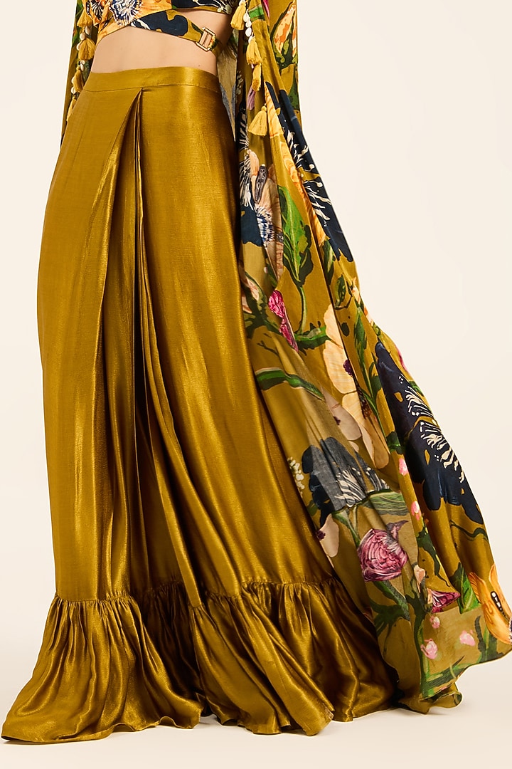Ochre Yellow Satin Chiffon Digital Printed Cape Set by RUHR INDIA at Pernia's Pop Up Shop