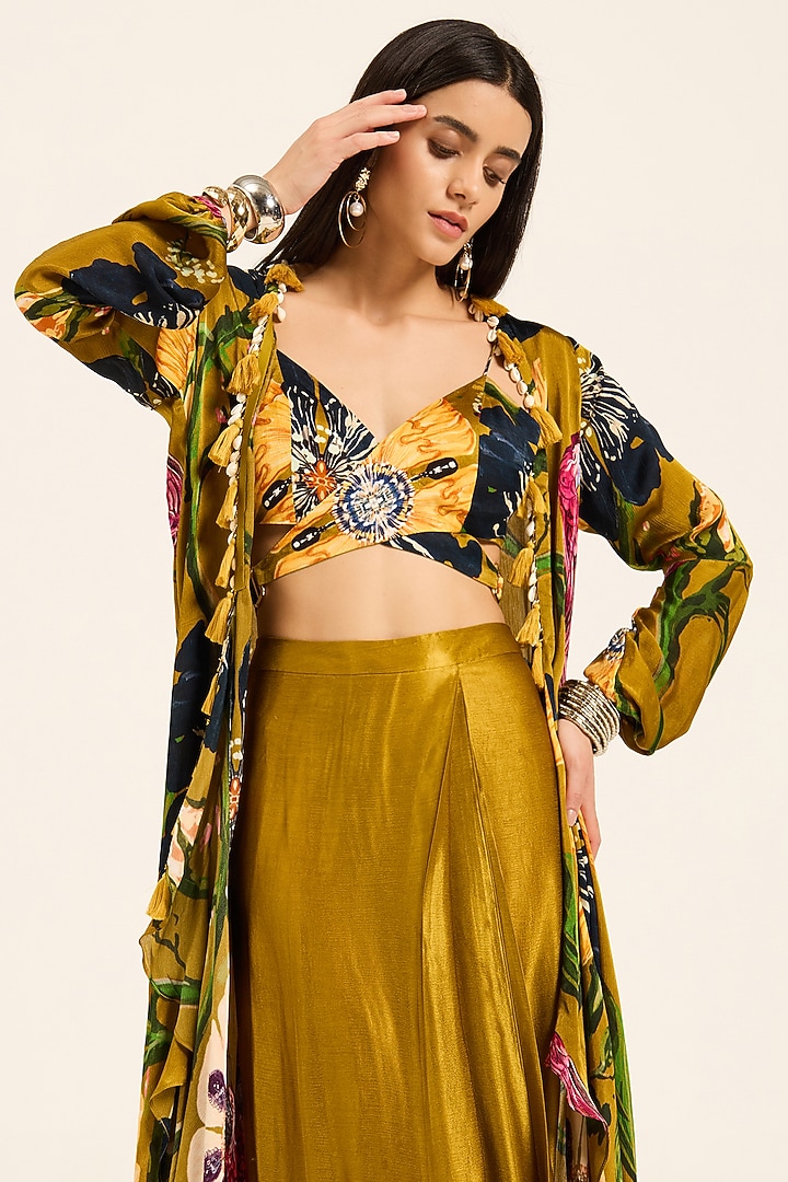 Ochre Yellow Satin Chiffon Digital Printed Cape Set by RUHR INDIA at Pernia's Pop Up Shop