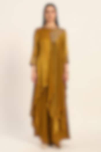 Ochre Yellow Satin Chiffon Hand Embroidered Draped Kurta Set by RUHR INDIA at Pernia's Pop Up Shop