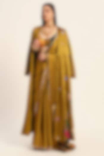 Ochre Yellow Satin Chiffon Digital Printed Wedding Saree Set by RUHR INDIA at Pernia's Pop Up Shop