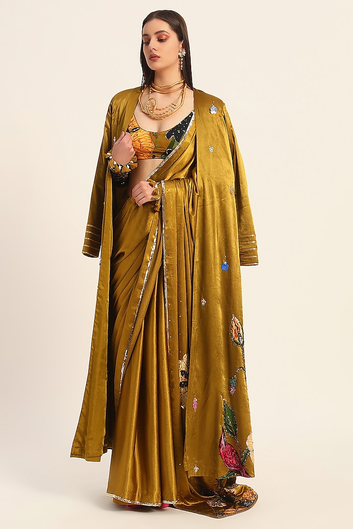 Ochre Yellow Satin Chiffon Digital Printed Wedding Saree Set by RUHR INDIA at Pernia's Pop Up Shop