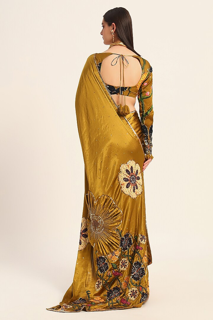 Ochre Yellow Satin Chiffon Digital Printed Wedding Saree Set by RUHR INDIA at Pernia's Pop Up Shop