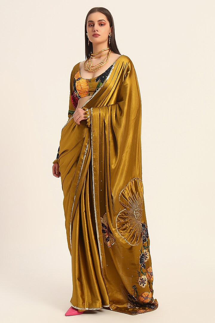 Ochre Yellow Satin Chiffon Digital Printed Wedding Saree Set by RUHR INDIA at Pernia's Pop Up Shop