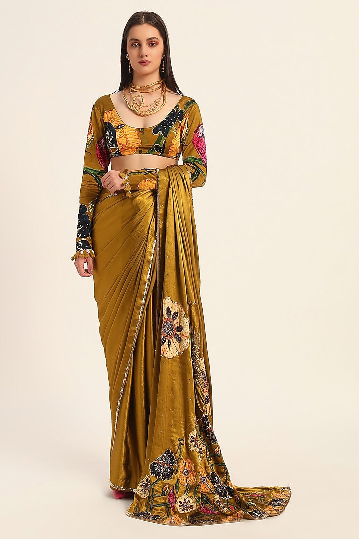 Ochre Yellow Satin Chiffon Digital Printed Wedding Saree Set by RUHR INDIA at Pernia's Pop Up Shop