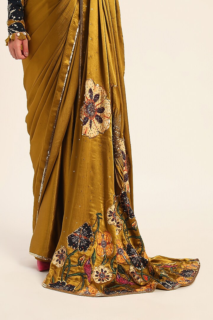 Ochre Yellow Satin Chiffon Digital Printed Wedding Saree Set by RUHR INDIA at Pernia's Pop Up Shop