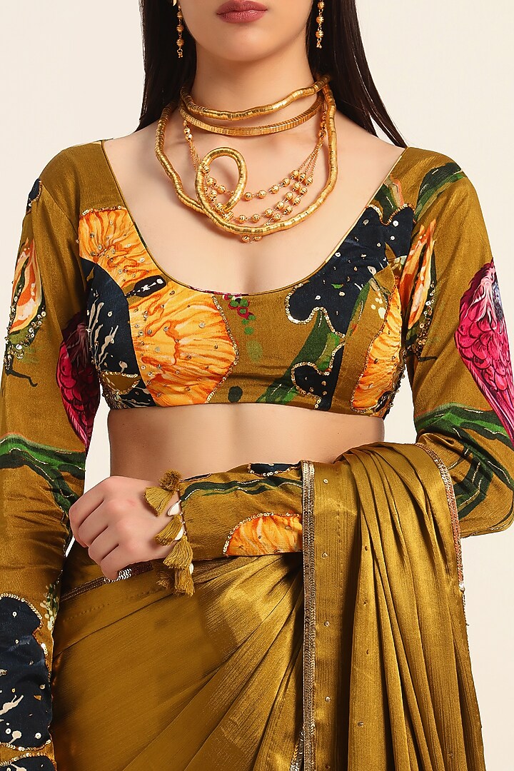 Ochre Yellow Satin Chiffon Digital Printed Wedding Saree Set by RUHR INDIA at Pernia's Pop Up Shop