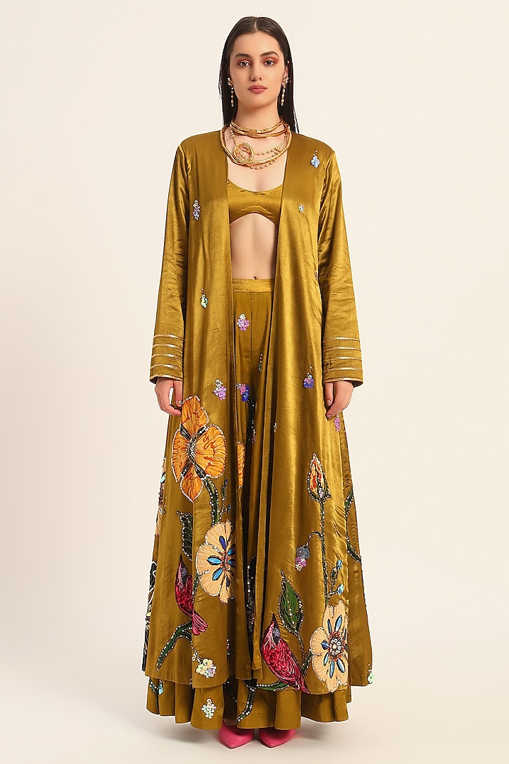 Ochre Yellow Satin Chiffon Digital Printed Cape by RUHR INDIA at Pernia's Pop Up Shop