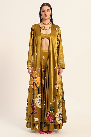 Ochre Yellow Satin Chiffon Digital Printed Cape by RUHR INDIA