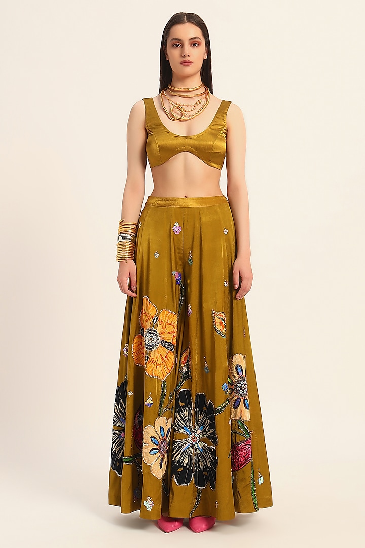 Ochre Yellow Satin Chiffon Digital Printed Wedding Sharara Set by RUHR INDIA at Pernia's Pop Up Shop