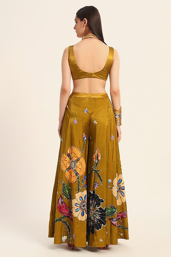Ochre Yellow Satin Chiffon Digital Printed Wedding Sharara Set by RUHR INDIA at Pernia's Pop Up Shop