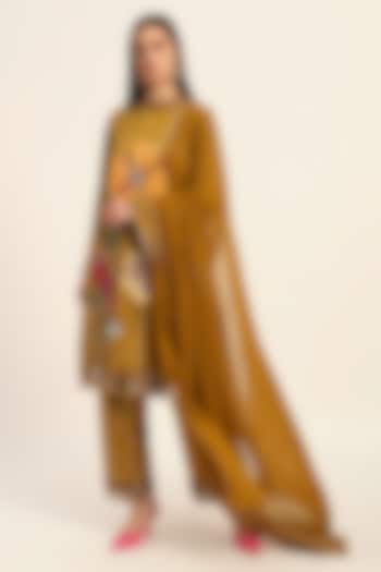 Ochre Yellow Satin Chiffon Hand Embroidered & Digital Printed Kurta Set by RUHR INDIA at Pernia's Pop Up Shop