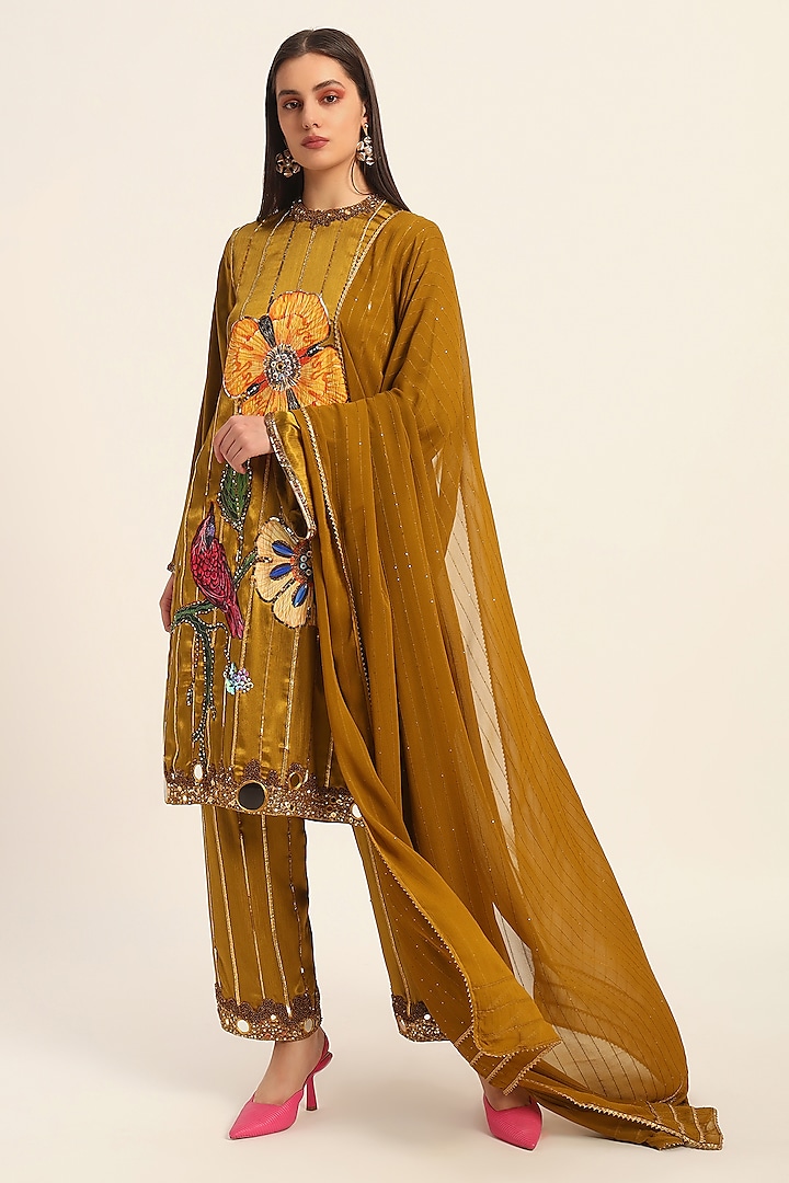 Ochre Yellow Satin Chiffon Hand Embroidered & Digital Printed Kurta Set by RUHR INDIA at Pernia's Pop Up Shop