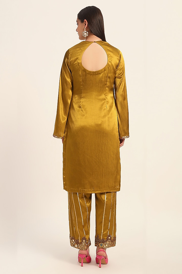 Ochre Yellow Satin Chiffon Hand Embroidered & Digital Printed Kurta Set by RUHR INDIA at Pernia's Pop Up Shop