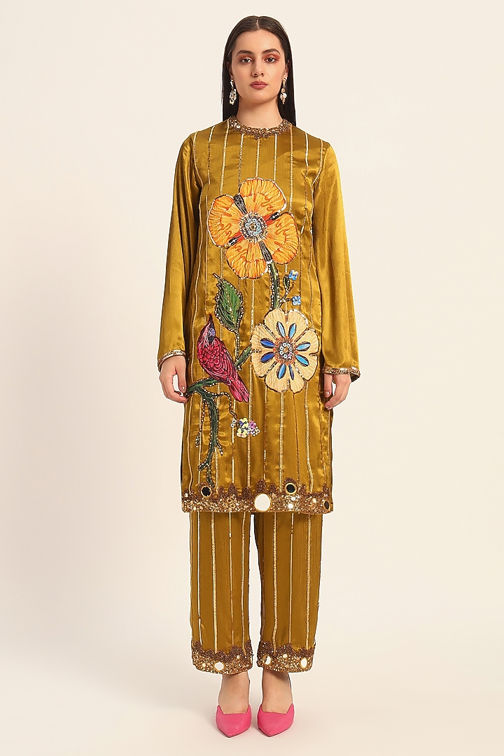 Ochre Yellow Satin Chiffon Hand Embroidered & Digital Printed Kurta Set by RUHR INDIA at Pernia's Pop Up Shop