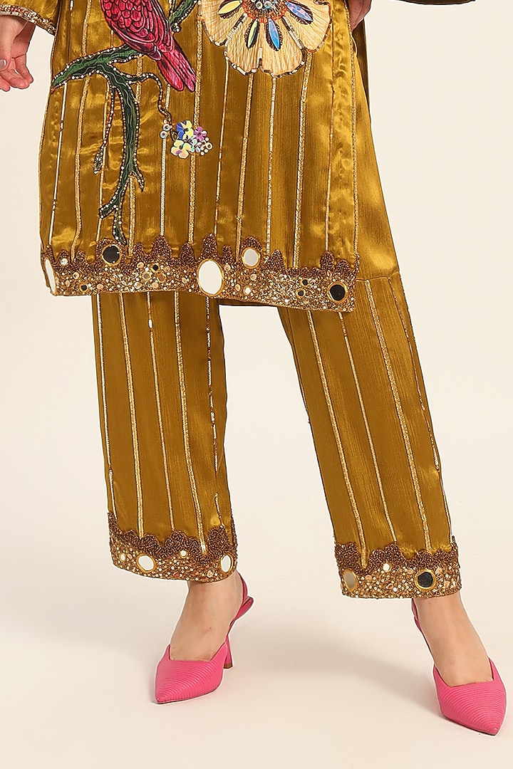 Ochre Yellow Satin Chiffon Hand Embroidered & Digital Printed Kurta Set by RUHR INDIA at Pernia's Pop Up Shop
