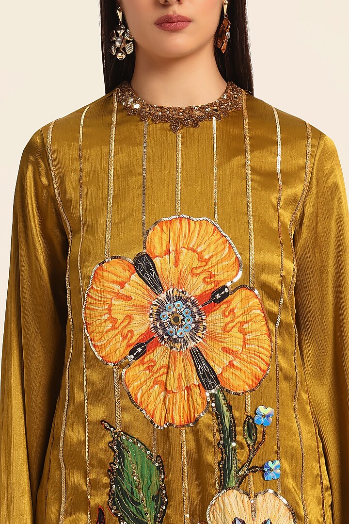 Ochre Yellow Satin Chiffon Hand Embroidered & Digital Printed Kurta Set by RUHR INDIA at Pernia's Pop Up Shop